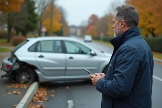 Homme seul examinant sa voiture accidentée contre une glissière de sécurité sans autre véhicule impliqué