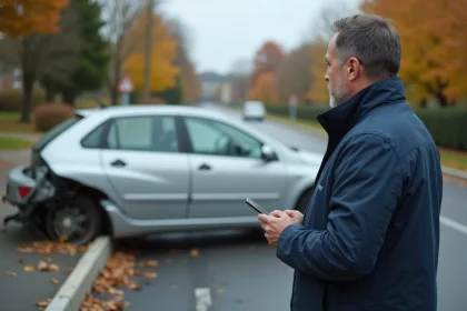 Homme seul examinant sa voiture accidentée contre une glissière de sécurité sans autre véhicule impliqué