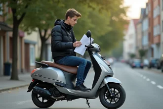 Jeune homme assis sur un scooter 50cc en milieu urbain, consultant des papiers administratifs liés à l'achat d'un scooter sans BSR