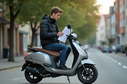Jeune homme assis sur un scooter 50cc en milieu urbain, consultant des papiers administratifs liés à l'achat d'un scooter sans BSR