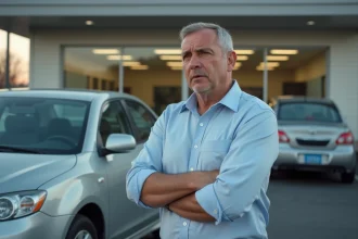 Homme mécontent inspectant un défaut sur sa voiture d'occasion devant un concessionnaire automobile