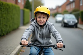 Adolescent d'environ 14 ans portant un casque jaune et roulant seul à vélo dans une rue résidentielle calme