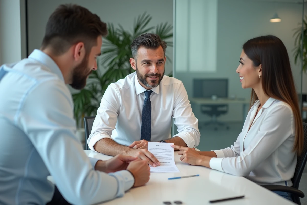Agent d'assurance expliquant les modalités de remboursement d'un sinistre à un couple dans un bureau moderne