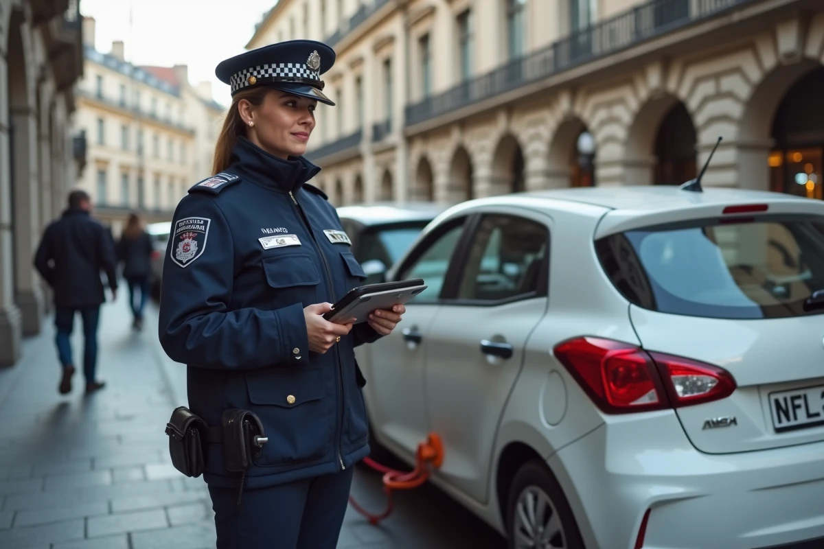 Agente de la fourrière posant un sabot de Denver orange sur une voiture en stationnement interdit en centre-ville