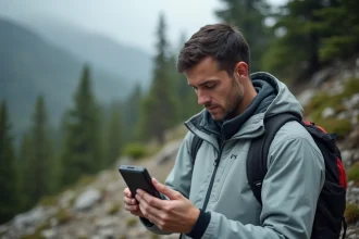 Homme tenant un GPS de randonnée sur un sentier de montagne pour améliorer la précision de navigation