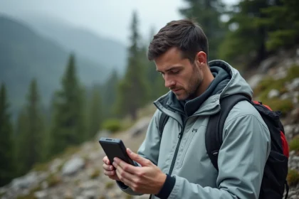 Homme tenant un GPS de randonnée sur un sentier de montagne pour améliorer la précision de navigation