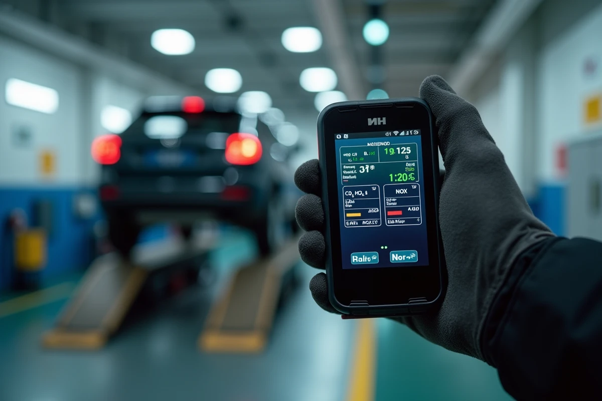 Gros plan sur un analyseur de gaz d'échappement affichant les résultats d'un contrôle antipollution automobile