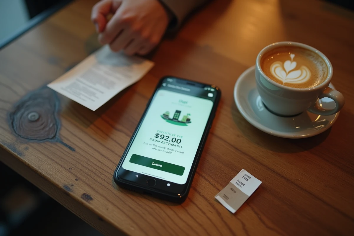 Smartphone affichant une application de taxi avec une tarification majorée élevée posé sur une table de café