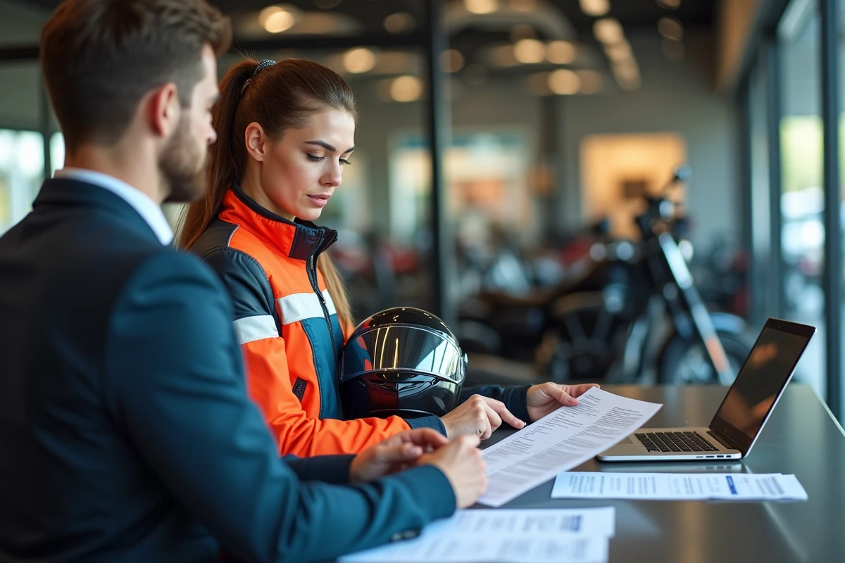 Femme motarde discutant du prix de son assurance moto avec un conseiller dans un concessionnaire