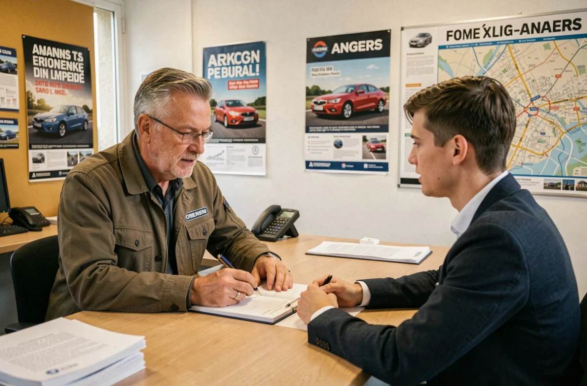 Un moniteur de l'auto-école AELM à Angers révisant le livret de suivi pédagogique d'un élève conducteur