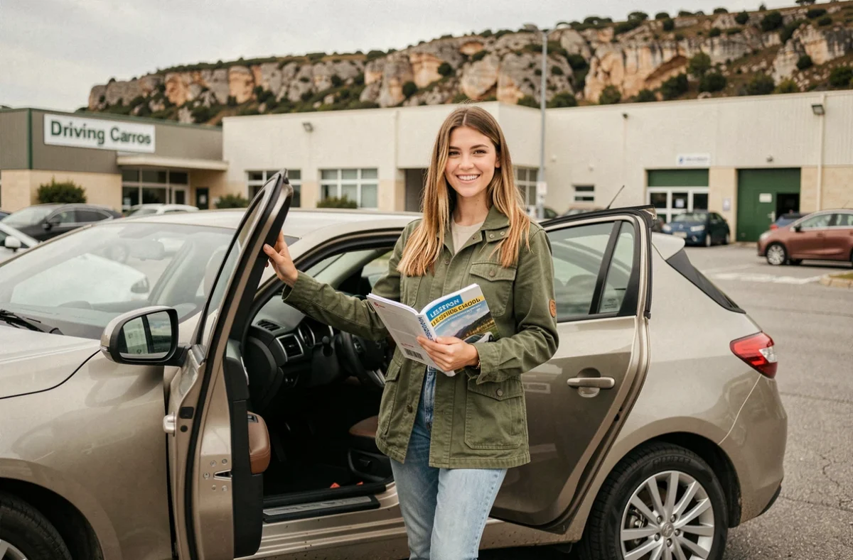 Élève souriante sortant d'un véhicule de l'auto-école Carros Yes avec le décor industriel de Carros en arrière-plan