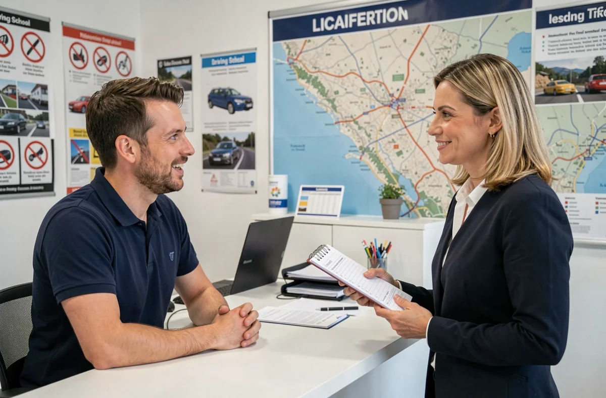 Accueil d'un élève à l'auto-école CER Libération à Nice avec monitrice et affiches de code de la route