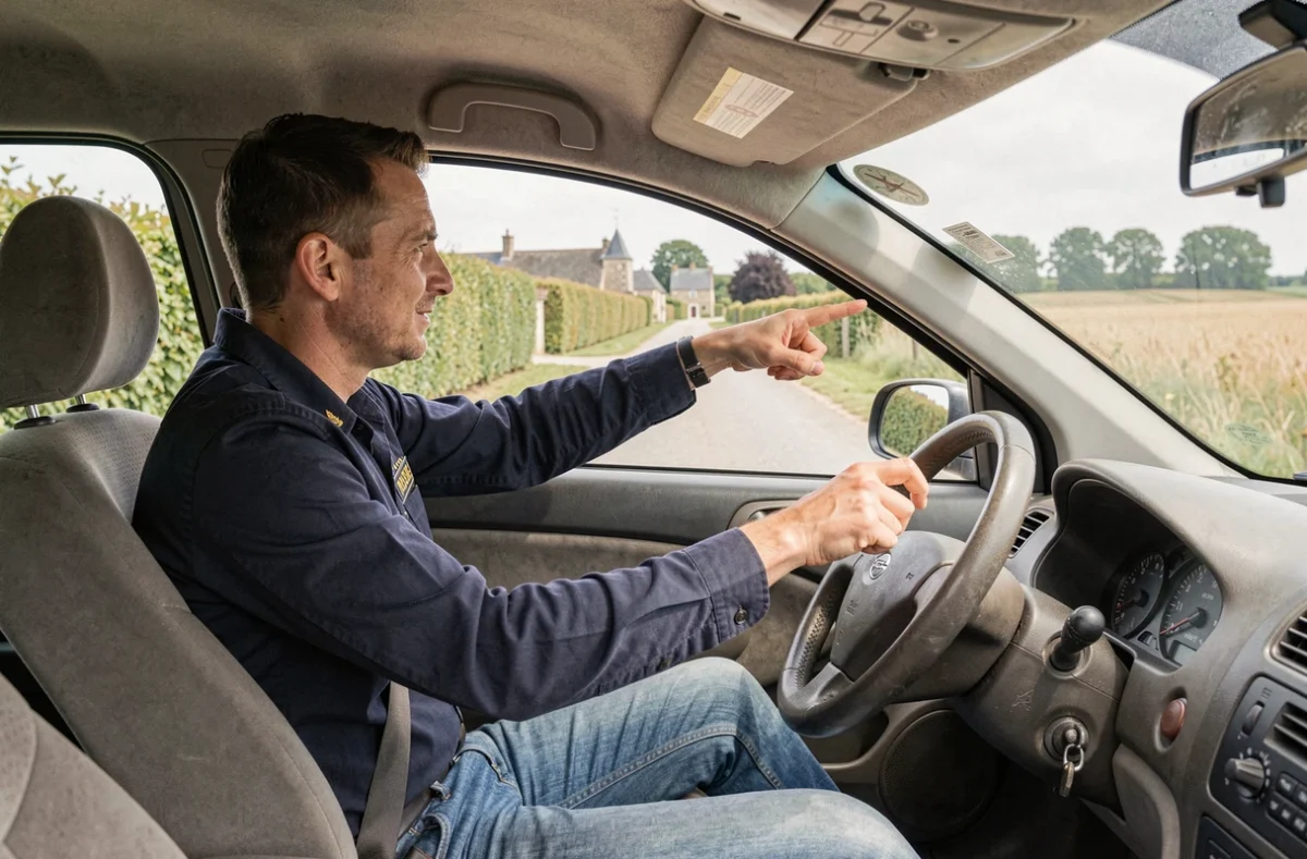 Un moniteur d'auto-école accompagnant un jeune élève conducteur sur une route rurale près de Trémentines dans le Maine-et-Loire