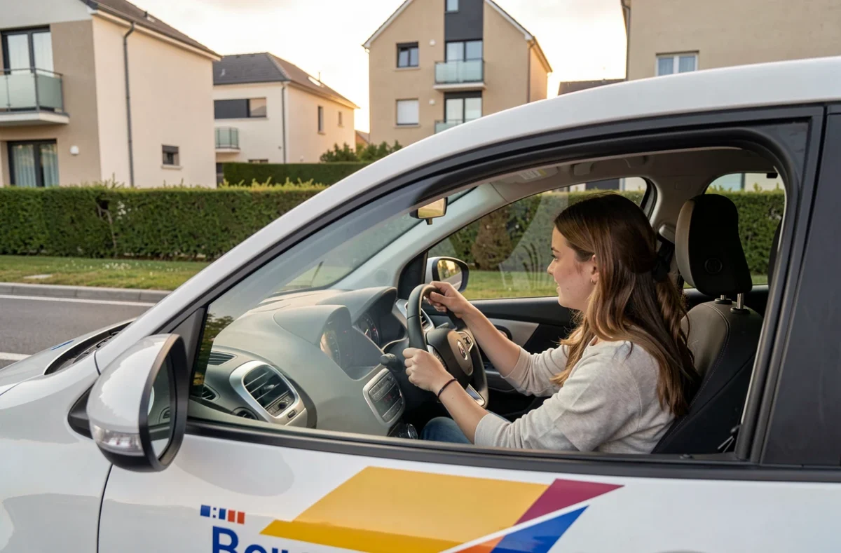 Une élève de l'auto-école France Douet prenant une leçon de conduite dans les rues résidentielles de Beaucouzé