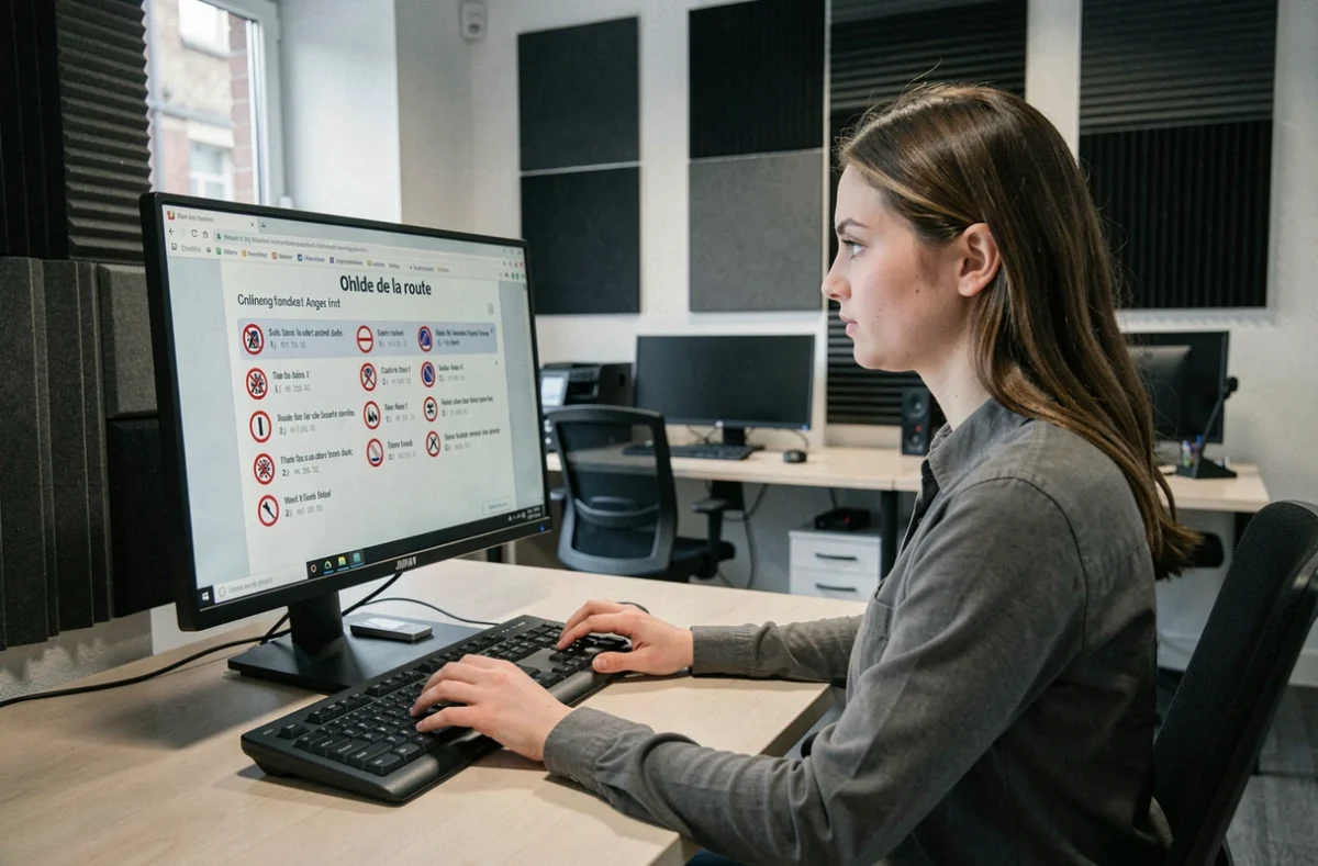 Une élève passant un test de code de la route en ligne dans l'agence Auto-école.net Saint-Jacques à Angers