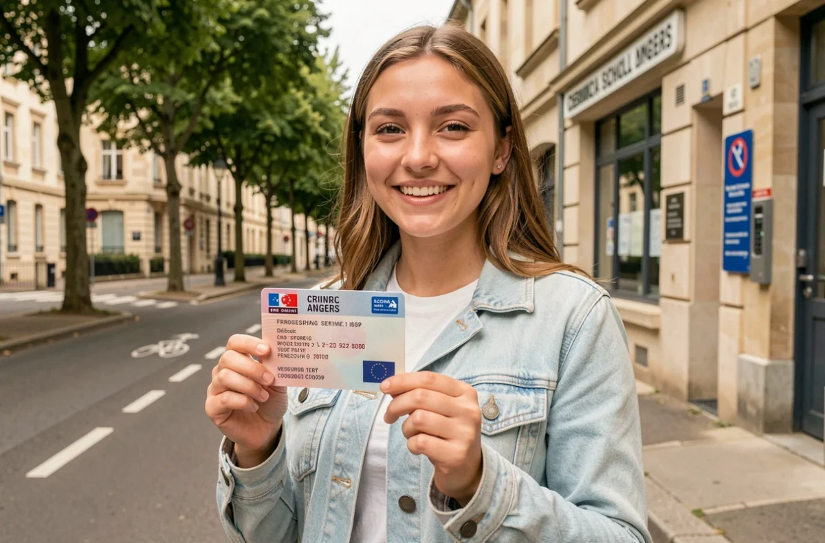 Une jeune diplômée tenant son permis de conduire fraîchement obtenu devant les locaux de l'auto-école Pasteur Conduite à Angers