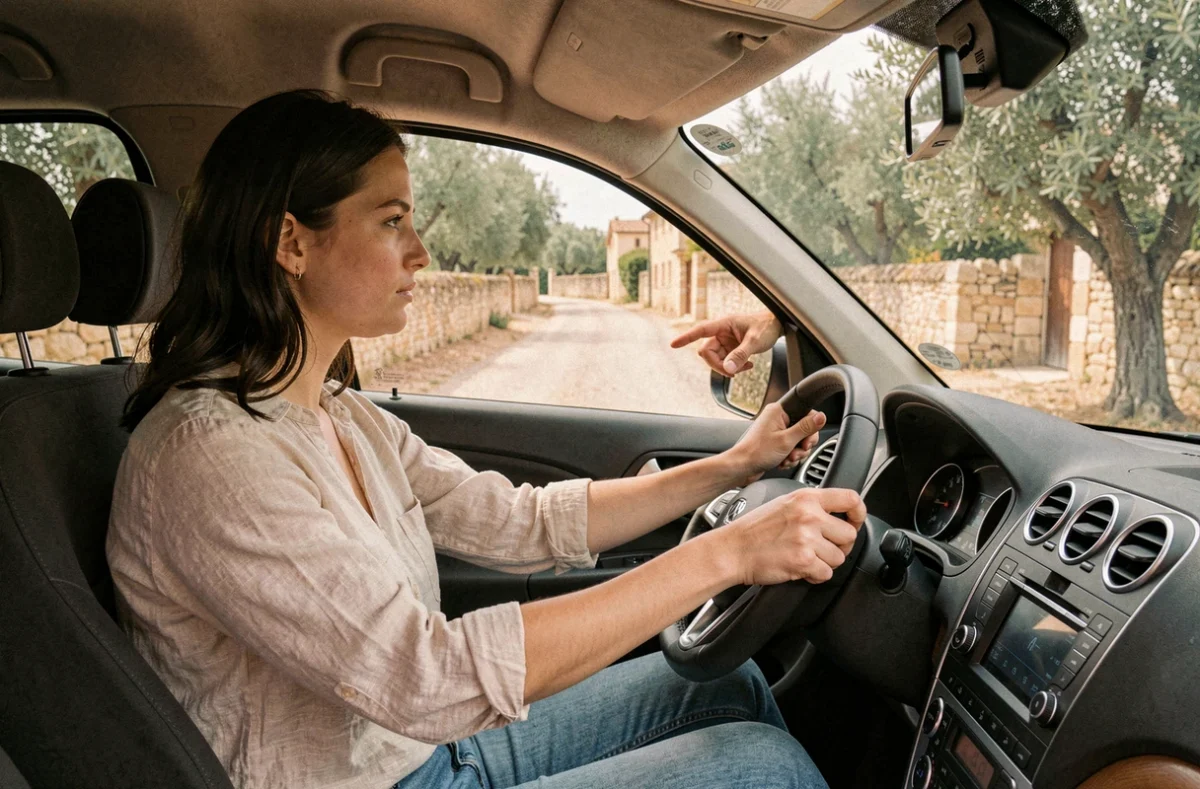 Élève conductrice et moniteur de l'auto-école Rouretane du Rouret lors d'une leçon de conduite sur une route de village provençal
