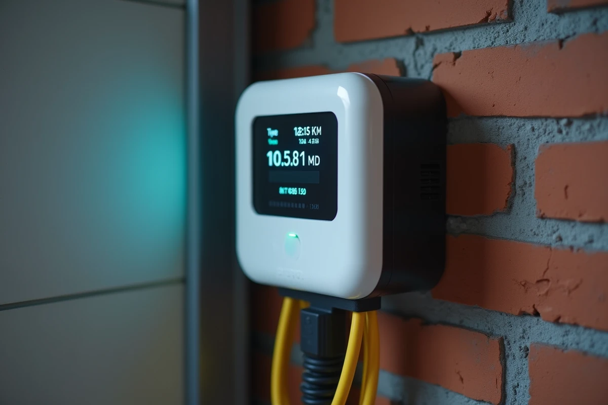 Gros plan sur une borne de recharge domestique pour voiture électrique affichant la consommation en kilowattheures et le coût estimé
