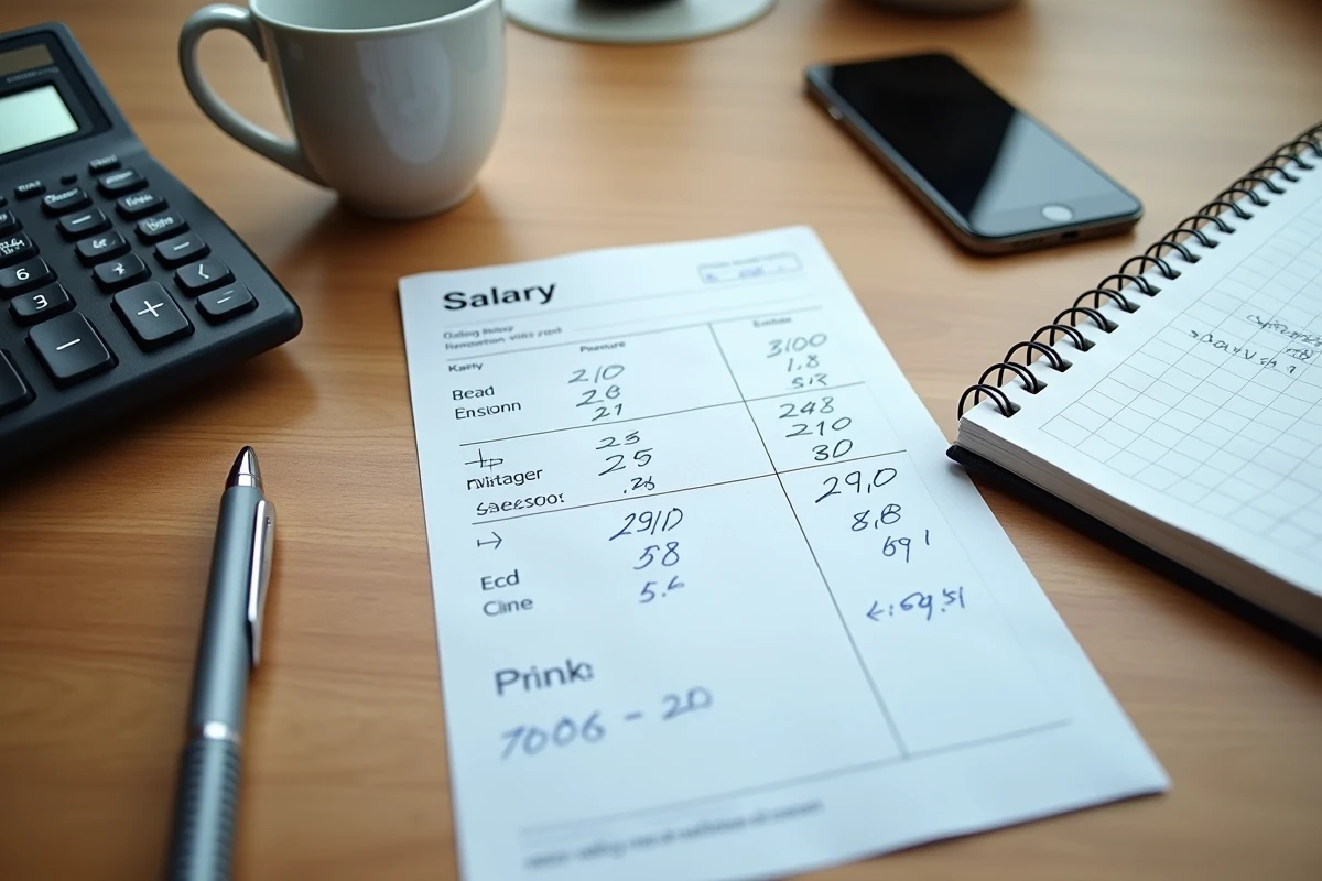 Vue aérienne d'un bureau avec fiche de salaire, calculatrice et notes manuscrites sur le calcul du bonus professionnel