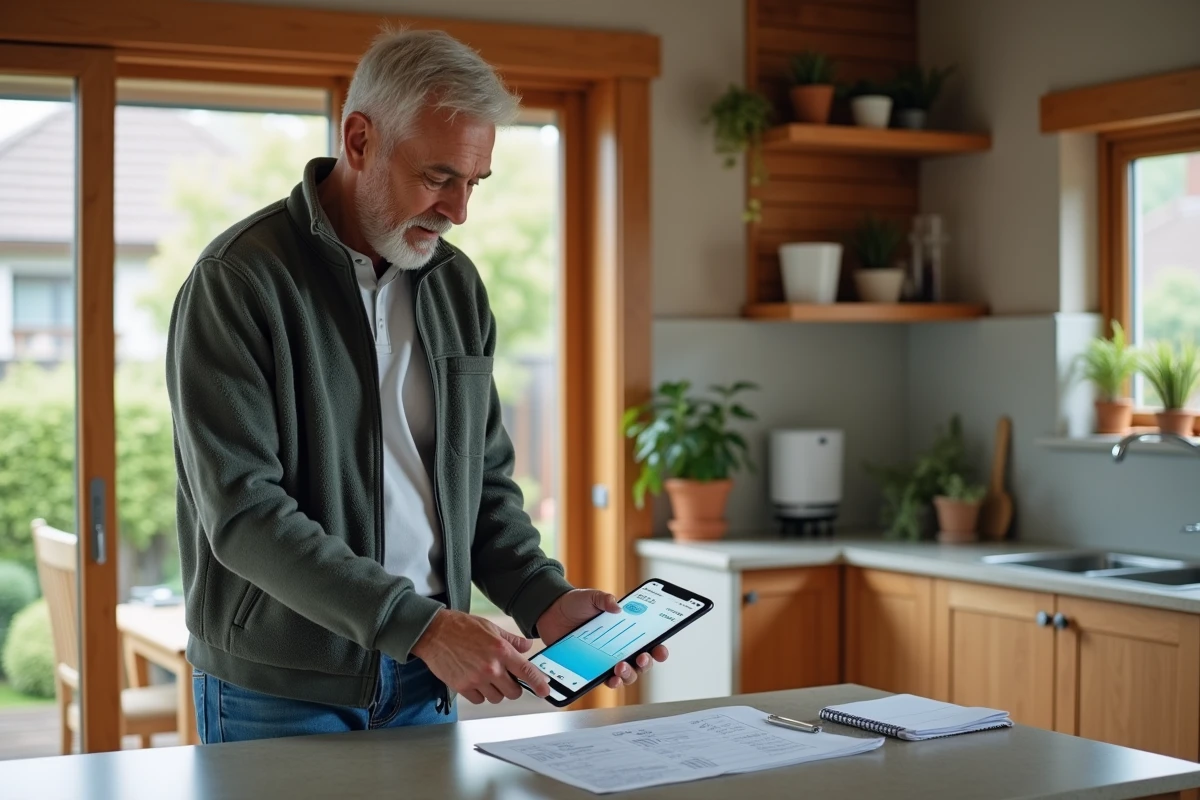 Homme consultant sa facture d'électricité et une application de suivi de consommation sur tablette pour calculer le coût de recharge de son véhicule électrique à la maison