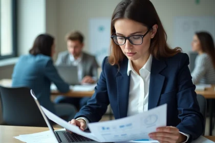 Femme professionnelle analysant des tableaux de calcul de taux de bonus dans un bureau moderne