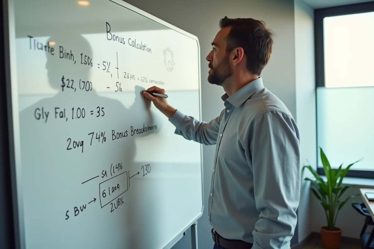 Homme expliquant le calcul d'un taux de bonus professionnel sur un tableau blanc en salle de réunion