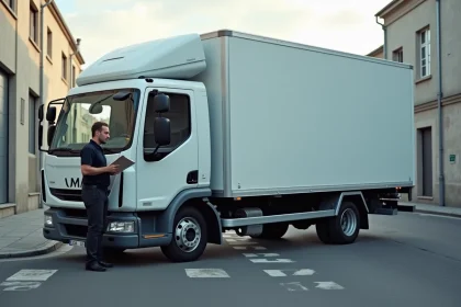 Camion 3,5 tonnes garé en zone industrielle urbaine avec chauffeur consultant un bon de livraison