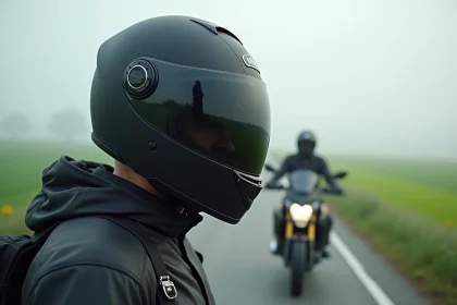 Motard portant un casque intégral équipé d'un insert pinlock visible sur la visière, arrêté sur une route rurale dans la brume matinale