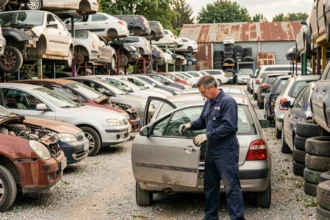 Mécanicien professionnel démontant une pièce de voiture dans une casse automobile en Essonne