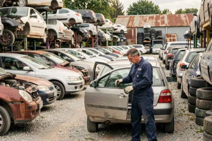 Mécanicien professionnel démontant une pièce de voiture dans une casse automobile en Essonne