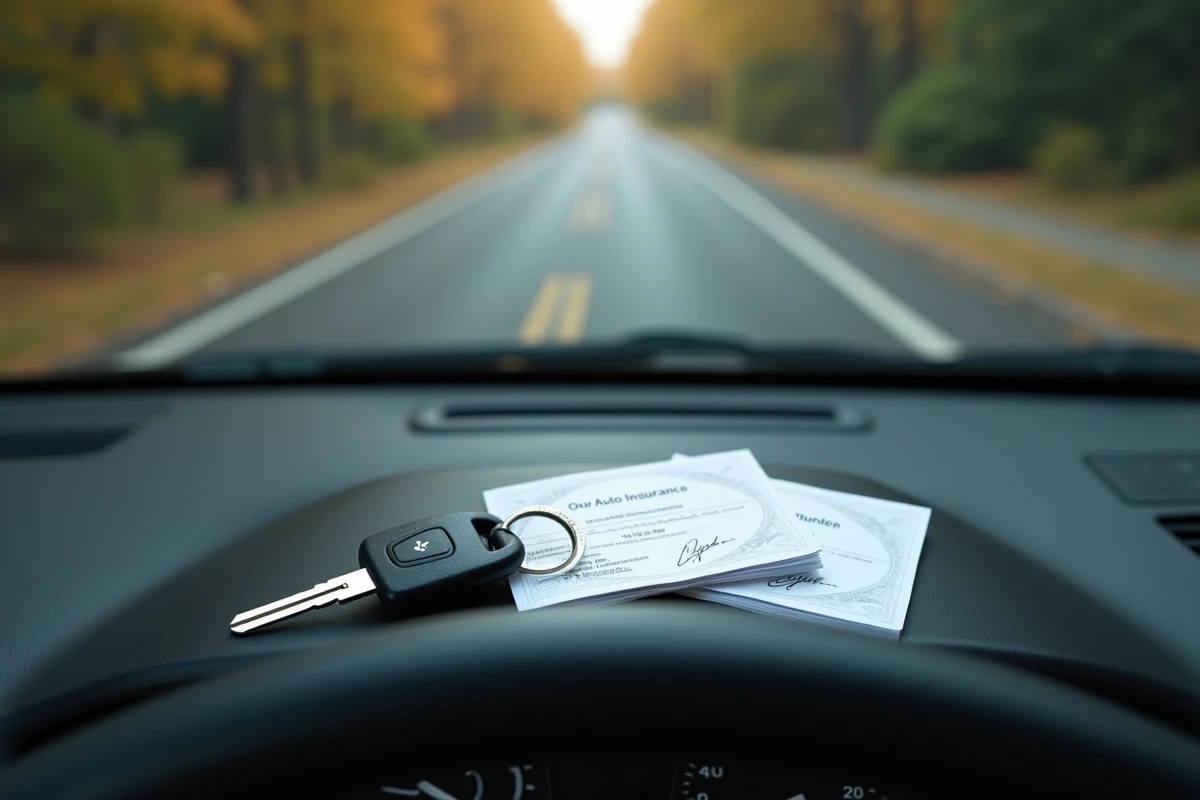 Certificat d'assurance auto obligatoire posé sur le tableau de bord d'une voiture avec des clés