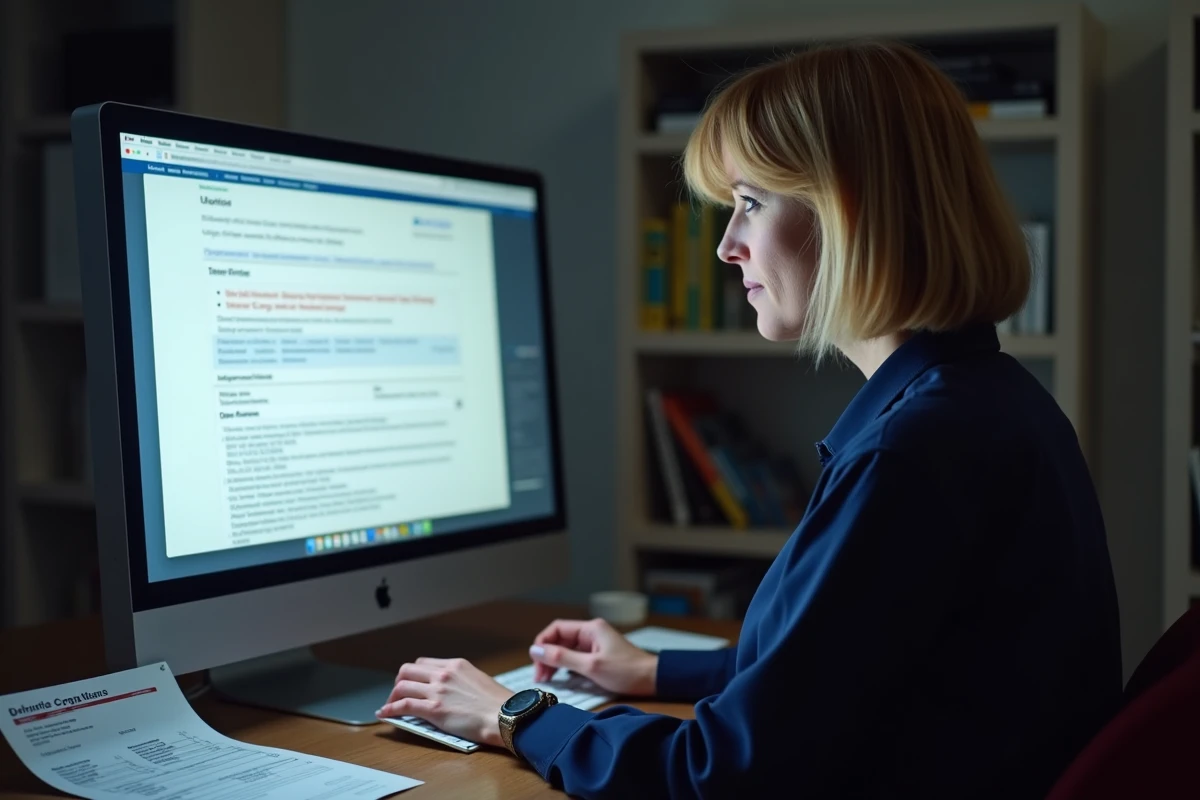Une femme effectue le changement d'adresse de sa carte grise en ligne sur le site de l'ANTS depuis son bureau à domicile