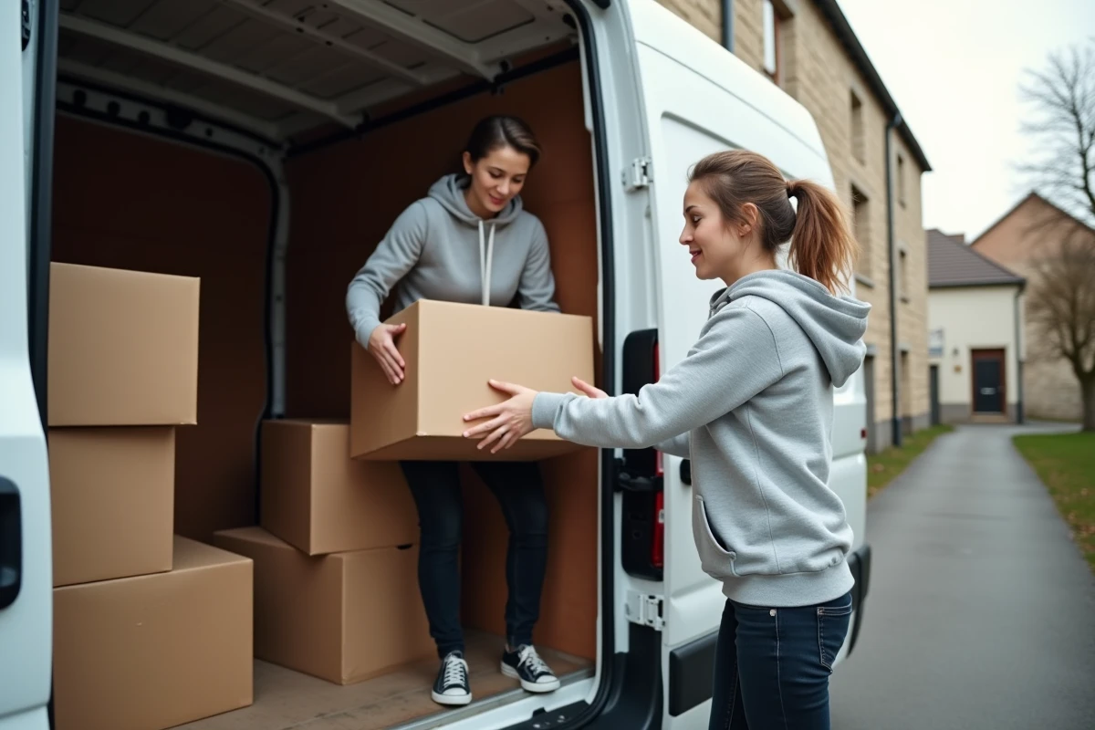 Femme chargeant des cartons dans un utilitaire de location blanc devant un immeuble résidentiel