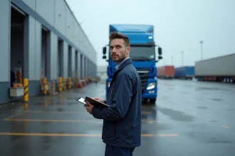Chauffeur de poids lourd en tenue de travail debout devant un camion articulé dans un dépôt logistique, illustrant le permis C et les exigences de tonnage