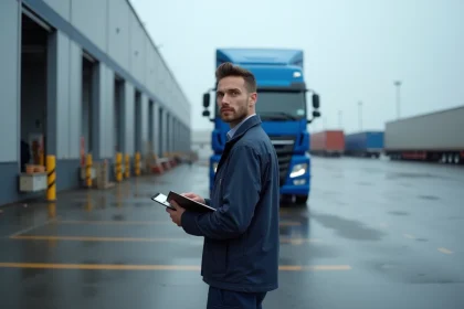 Chauffeur de poids lourd en tenue de travail debout devant un camion articulé dans un dépôt logistique, illustrant le permis C et les exigences de tonnage