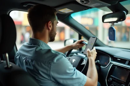 Chauffeur Uber assis dans sa voiture consultant l'application de covoiturage sur son smartphone fixé au tableau de bord