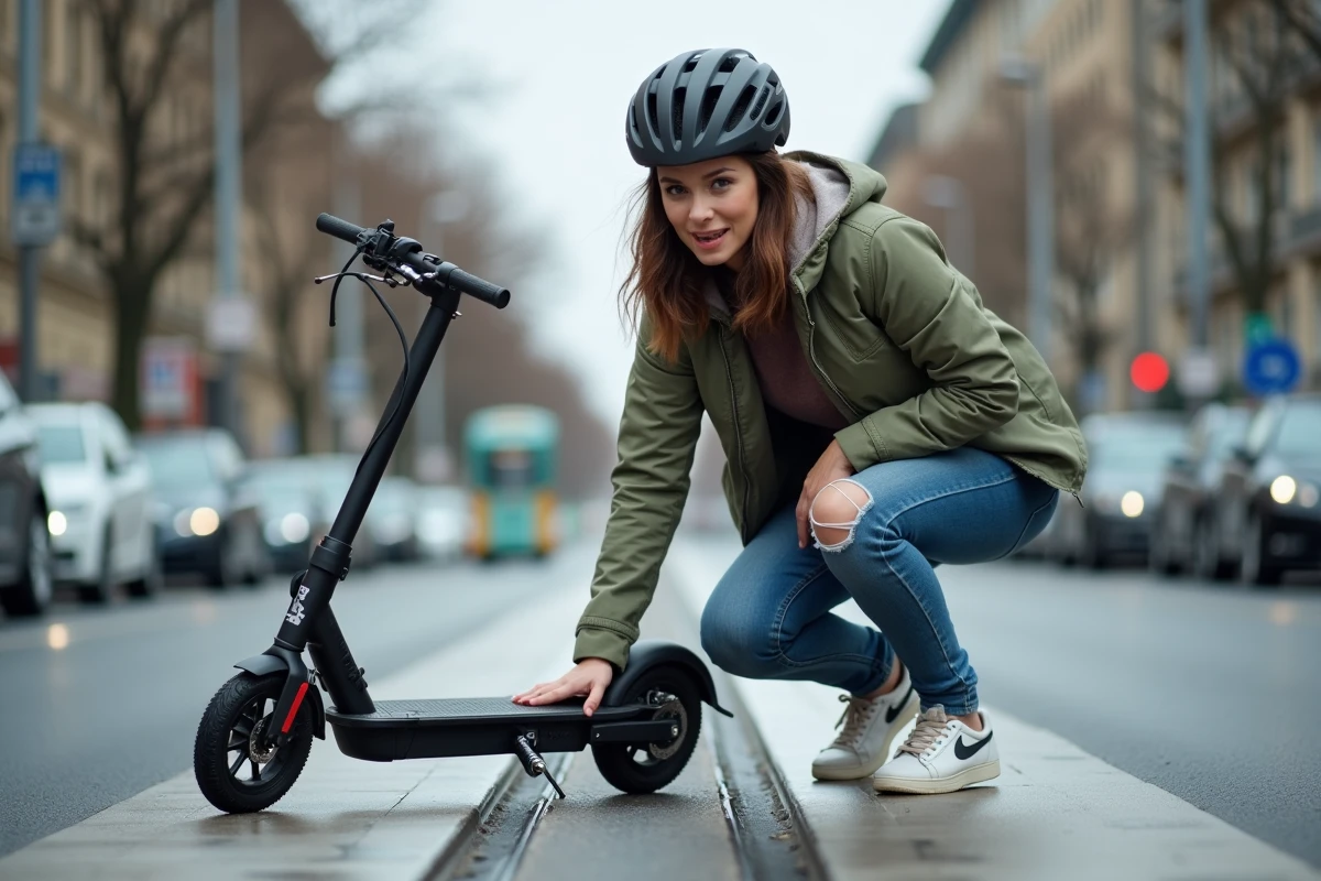 Femme relevant après une chute de trottinette électrique sur une piste cyclable urbaine mouillée
