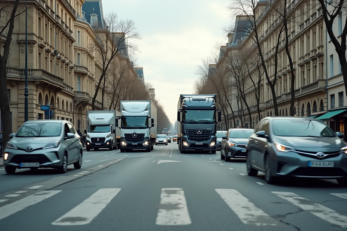 Circulation urbaine européenne mêlant véhicules diesel et hybrides, reflétant la transition énergétique dans le secteur automobile