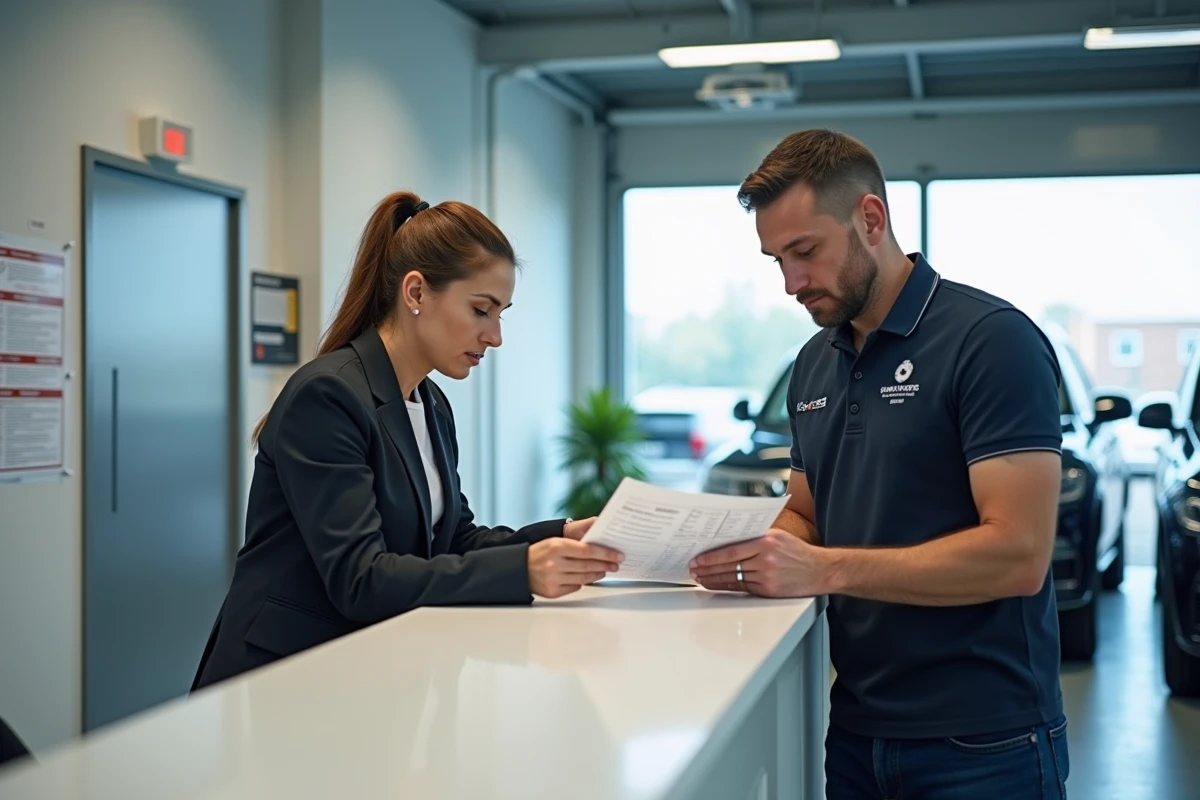 Cliente et conseiller dans un centre de contrôle technique discutant du résultat d'un contrôle antipollution et de son prix