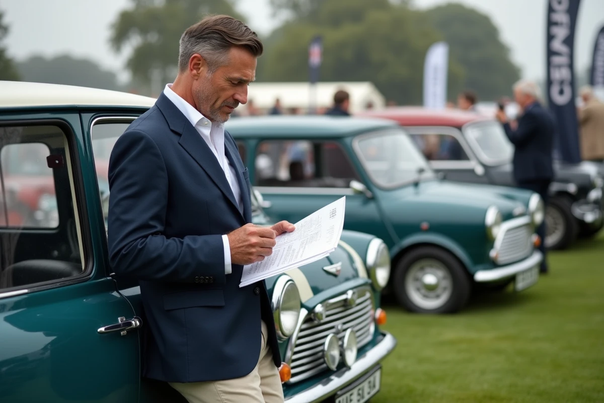 Collectionneur évaluant une Mini Cooper vintage lors d'une vente aux enchères de voitures classiques