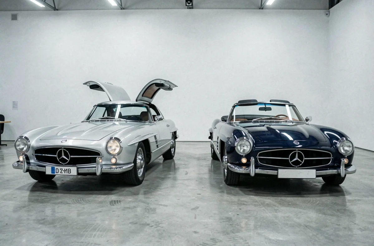 Comparaison Mercedes 300 SL Gullwing coupé et Roadster cabriolet côte à côte dans salle de vente aux enchères