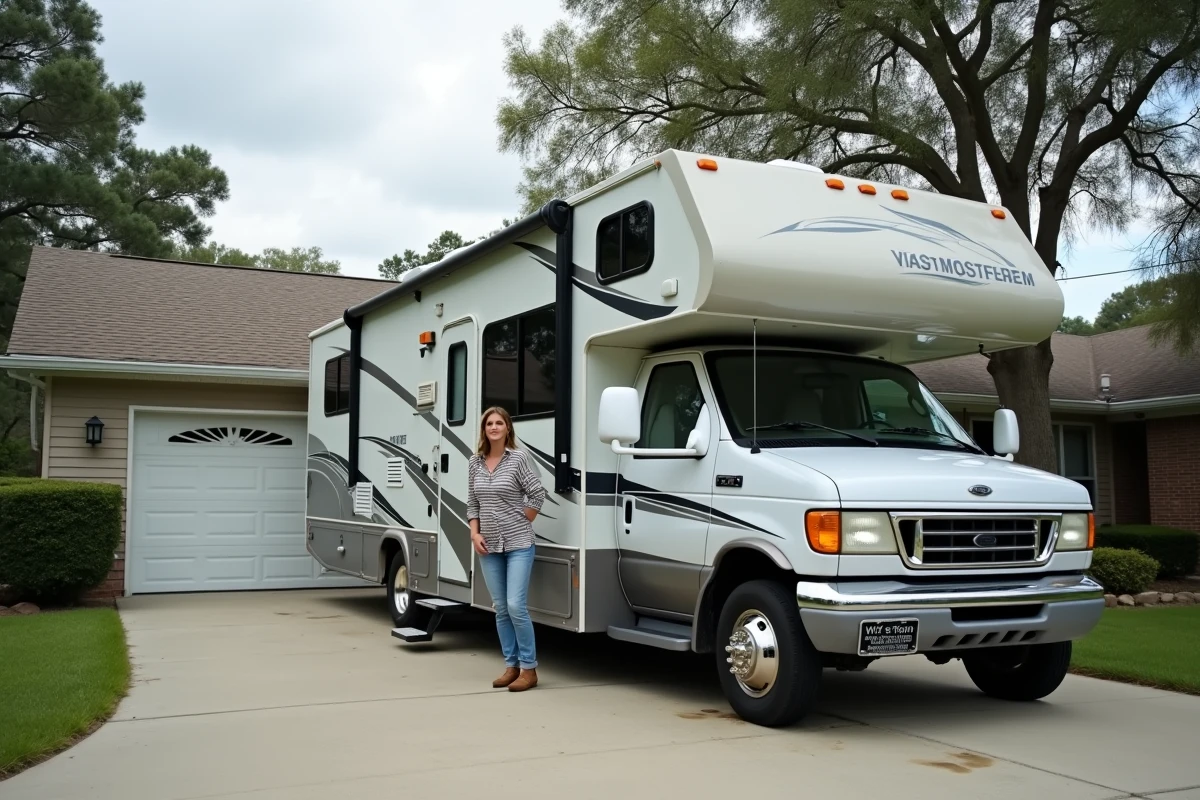 Camping-car de classe C garé devant un garage résidentiel pour comparaison de taille, vue latérale large avec une femme à l'entrée du véhicule