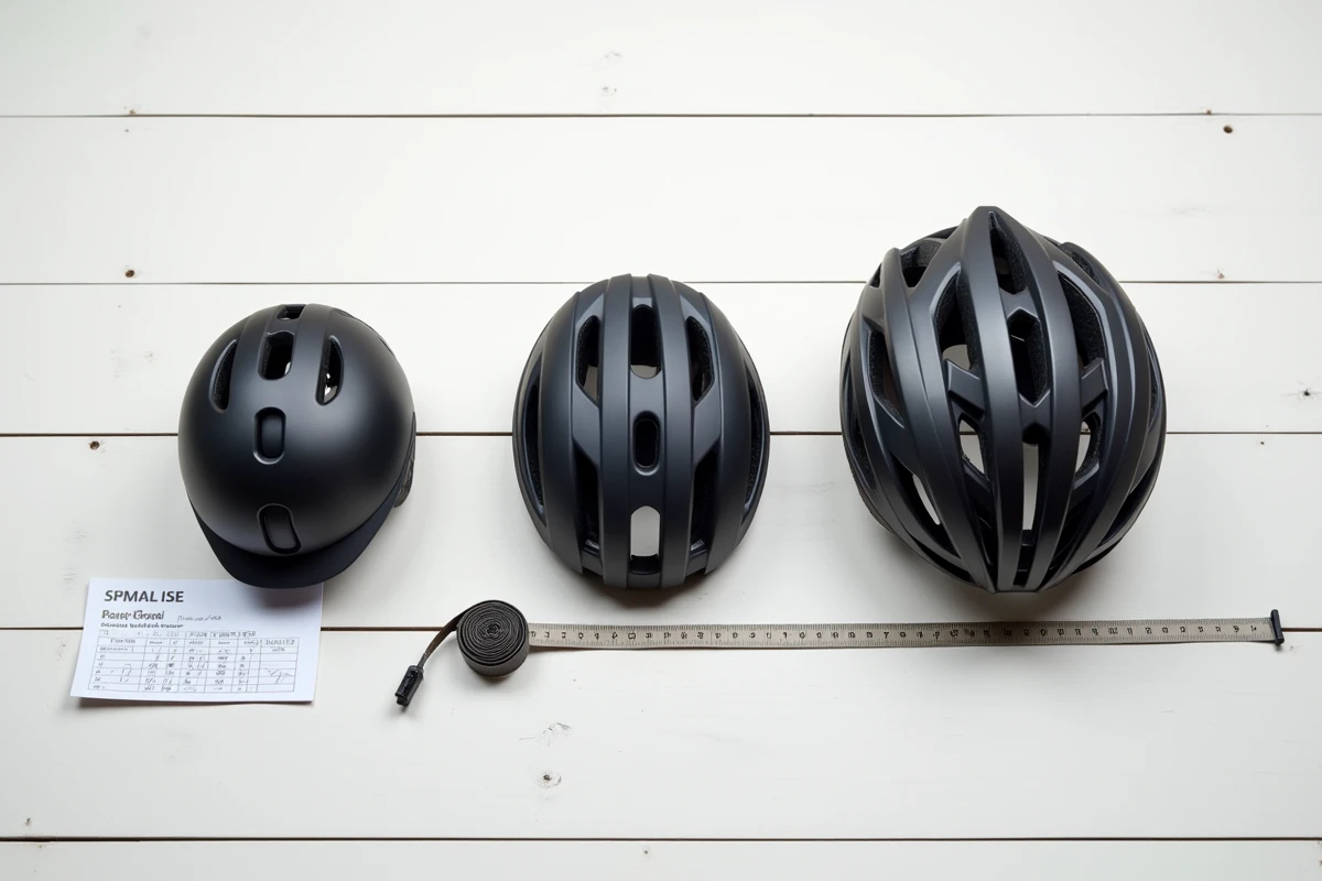 Comparaison de trois tailles de casques de vélo avec mètre ruban et tableau des tailles