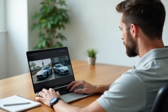 Homme comparant deux modèles de voitures similaires sur le site Salonautomonaco.com depuis son bureau à domicile