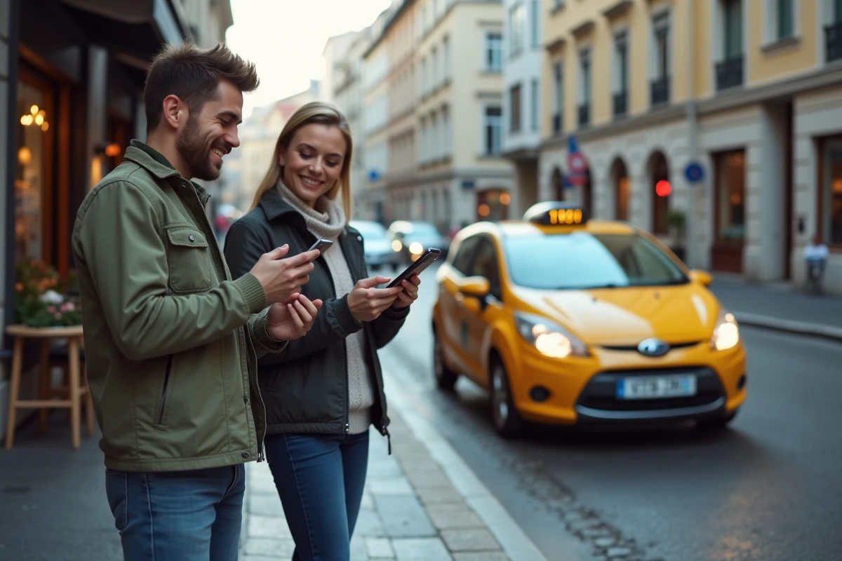 Deux personnes en ville comparant une application VTC et un taxi traditionnel arrêté au bord du trottoir