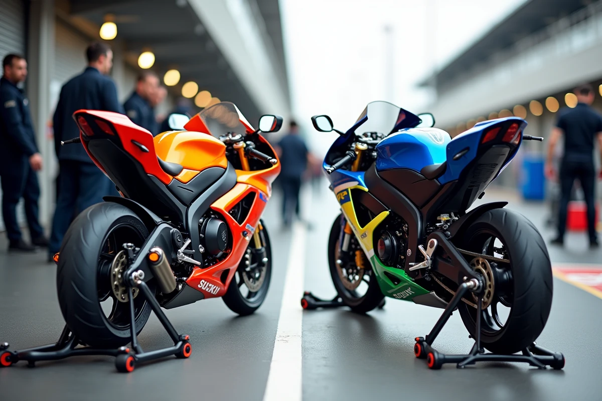 Comparatif Suzuki GSXR et sportive européenne côte à côte dans un paddock de circuit, vue symétrique mettant en valeur les différences de design technique