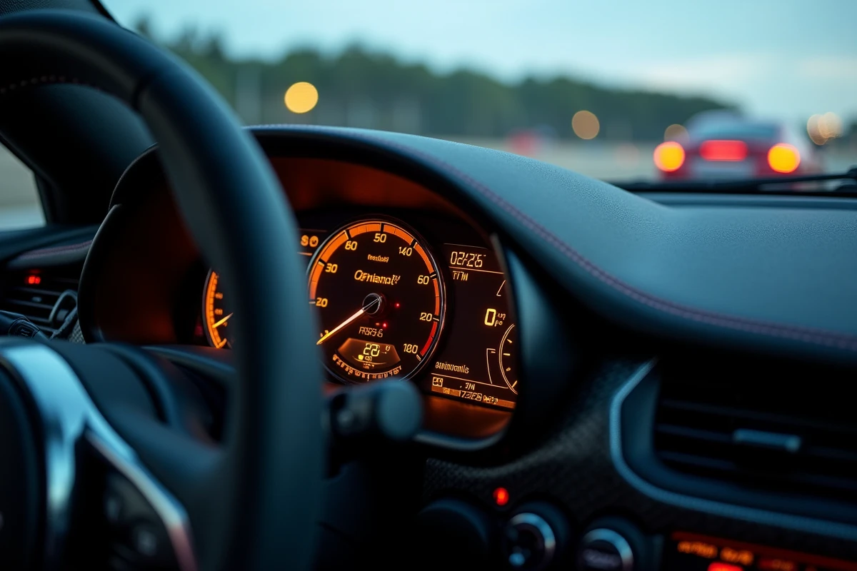 Compteur de vitesse numérique dans l'habitacle d'une voiture de sport affichant 290 km/h soit 180 mph