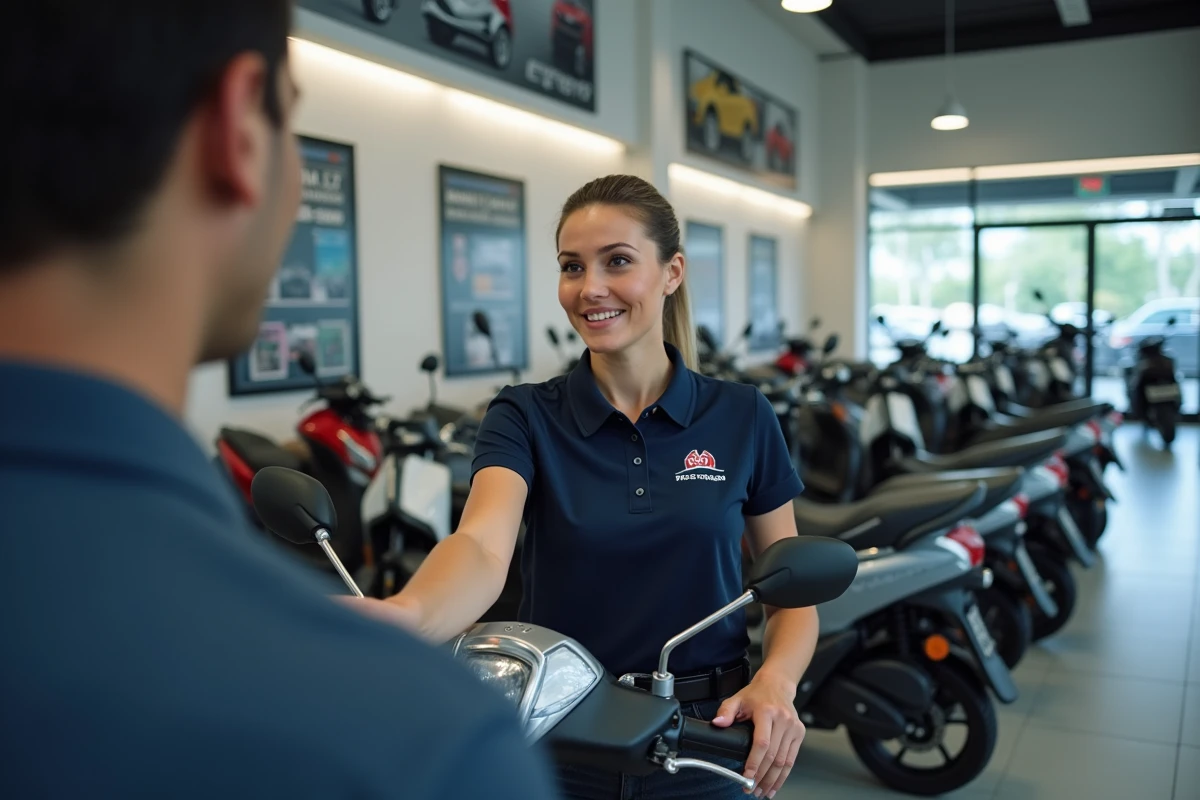 Vendeuse dans une concession présentant des scooters 50cc à un client, dans le cadre de l'achat d'un deux-roues sans permis BSR