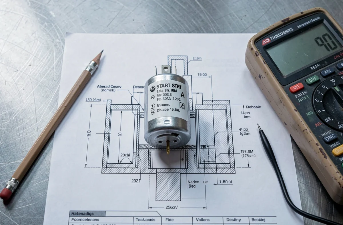 Condensateur de démarrage moteur posé sur une fiche technique avec multimètre, documentation et mesure des caractéristiques électriques