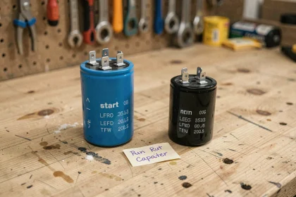 Condensateur de démarrage et condensateur permanent posés côte à côte sur un établi d'atelier, comparaison visuelle des deux types de condensateurs pour moteur électrique